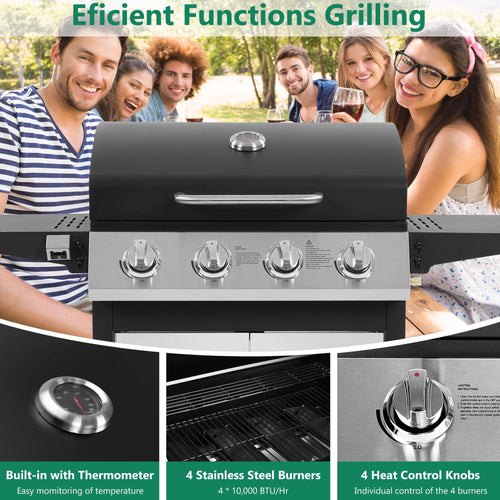 4-Burner Gas Grill with 4 Universal Wheels & Bottle Opener, 40000BTU Outdoor Grill with Side Table for Camping, Black & Sliver Gas Grills