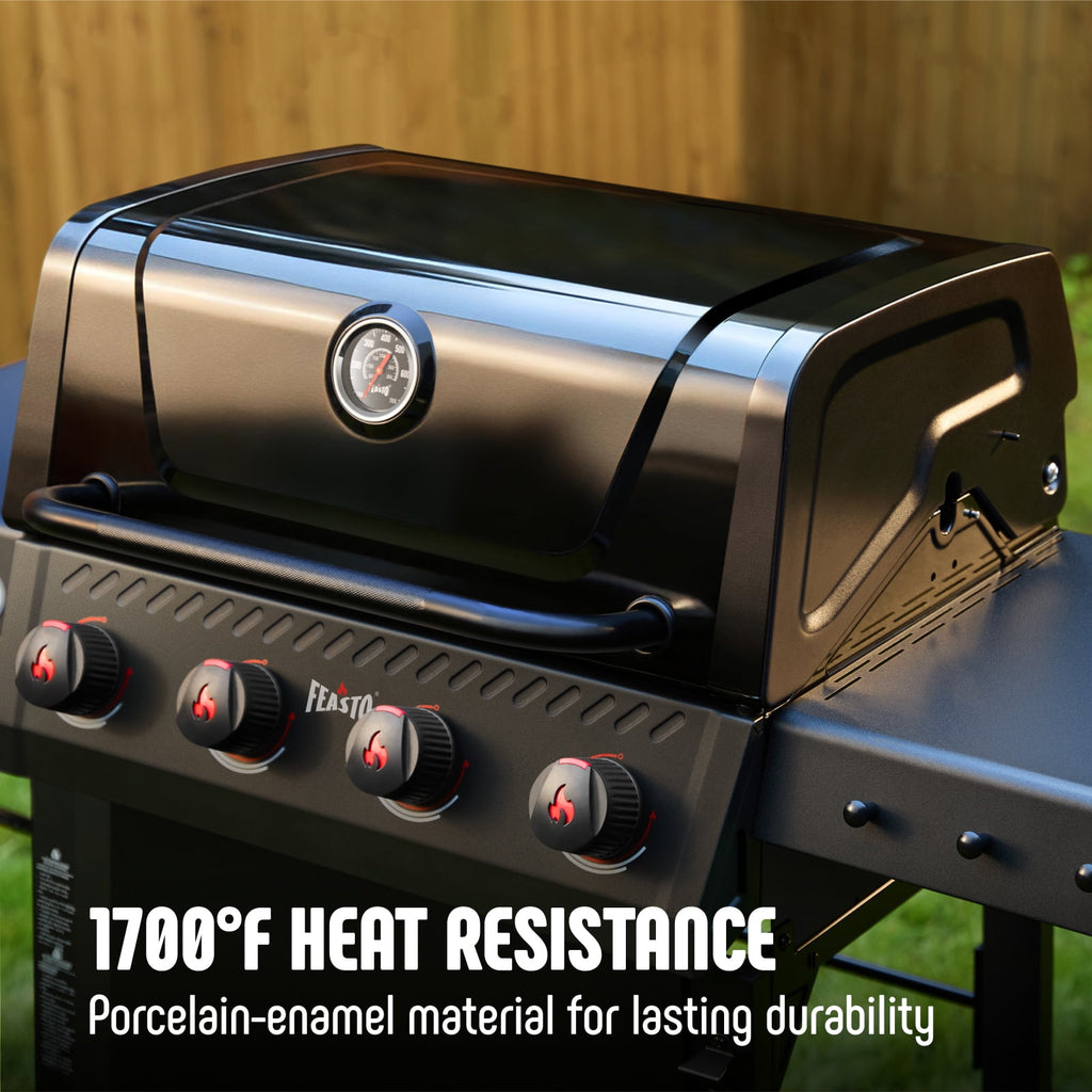Feasto 4-Burner Propane Gas Grill, Outdoor Grill with 2 Side Tables and Porcelain-Enameled Grates, Black Gas Grills