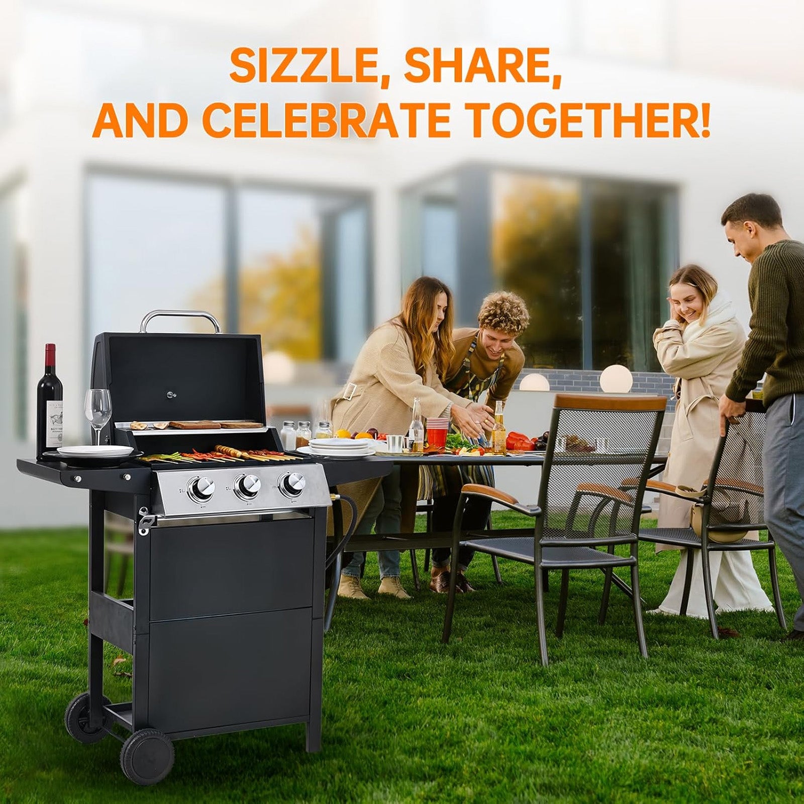 3-Burner Propane Gas Grill, 25650 BTU, Stainless Steel Outdoor BBQ Gill with Wire Enamel Grids, Thermometer for Cookingand Foldable Side Tables Gas Grills