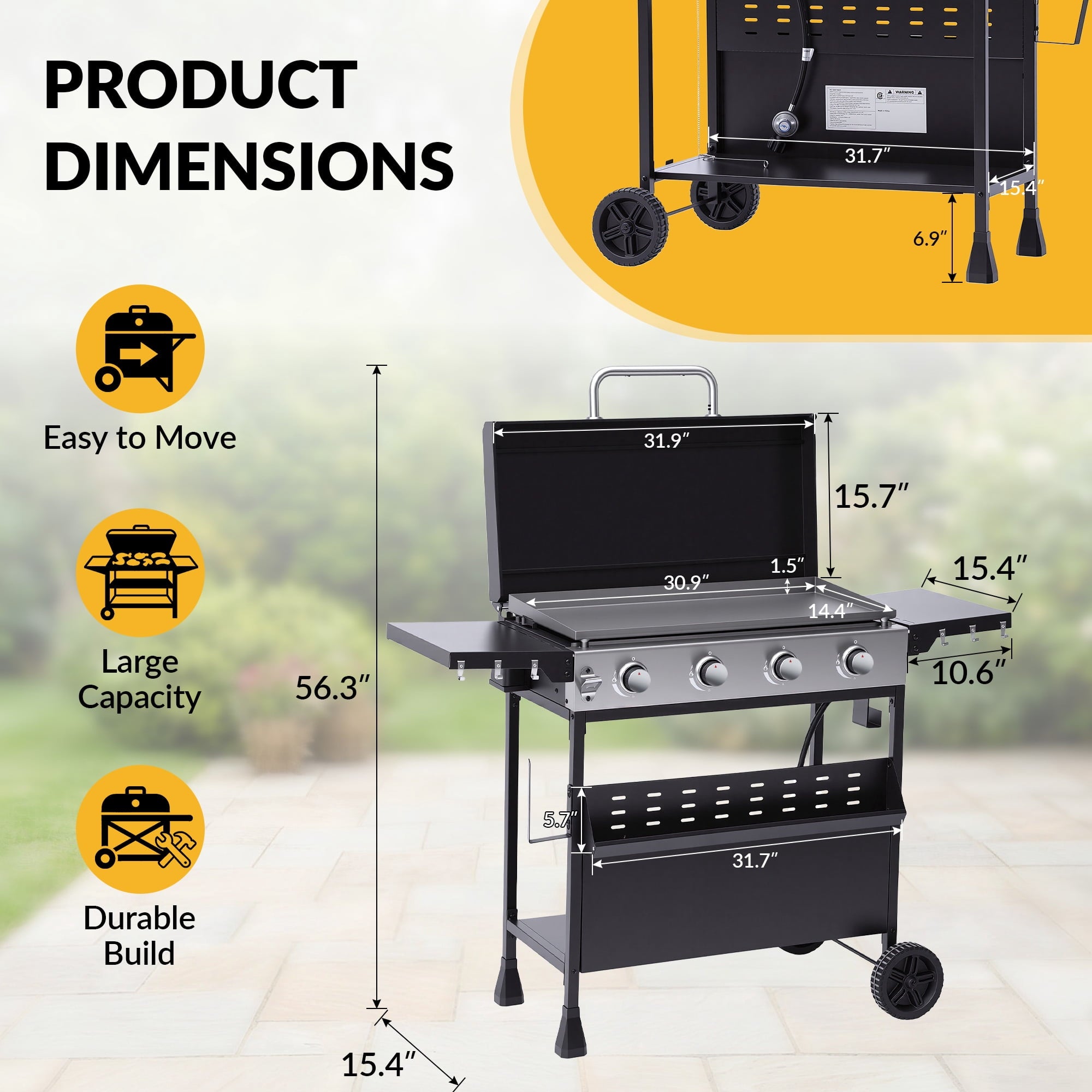 Magic Union 4-Burner Heavy Duty Rolling Flat Top Propane Gas Griddle, Portable Griddle on Cart with Hood & Foldable Side Shelves, 32000 BTU 455 sq.in, for Outdoor Cooking, Camping & Tailgating Gas Grills