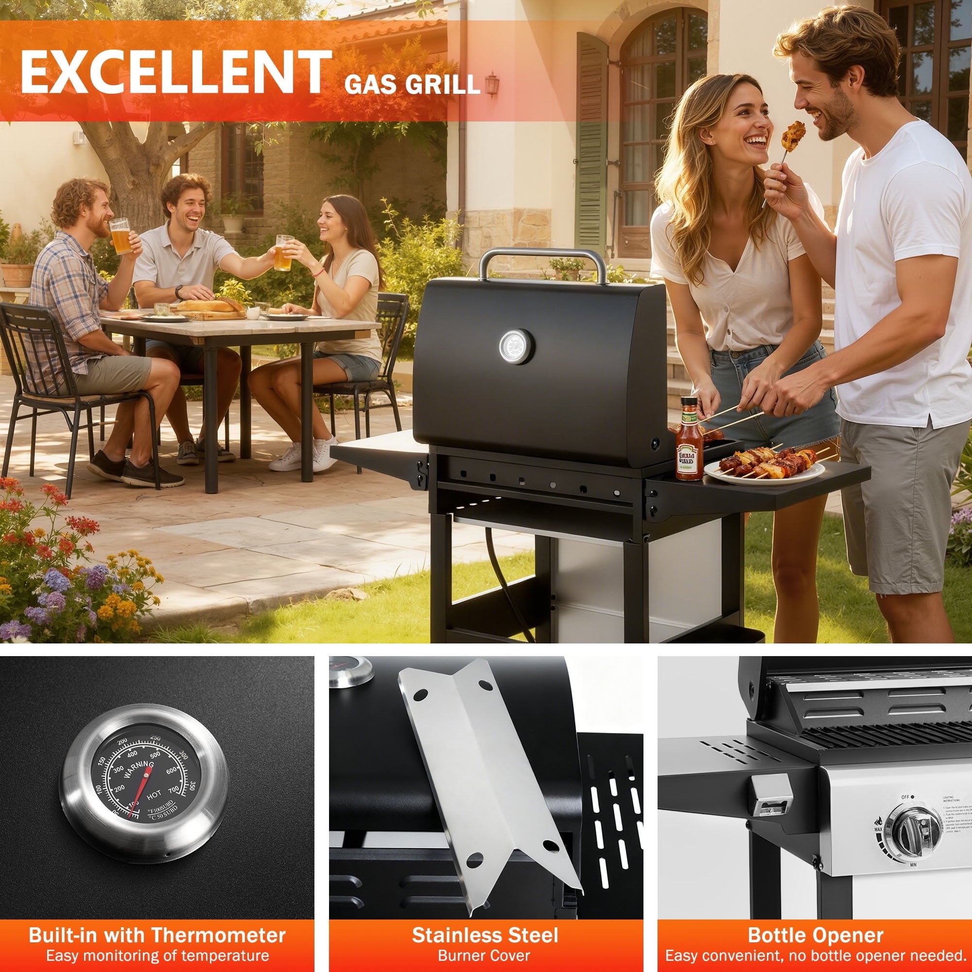 BBQ Grill, Seizeen 30,000 BTU 3-Burner Gas Grill Portable, Backyard Camping Propane Grill with  Daul Zone, Foldable Table, Hanging Basket, Steel Brush, Universal Wheels Gas Grills
