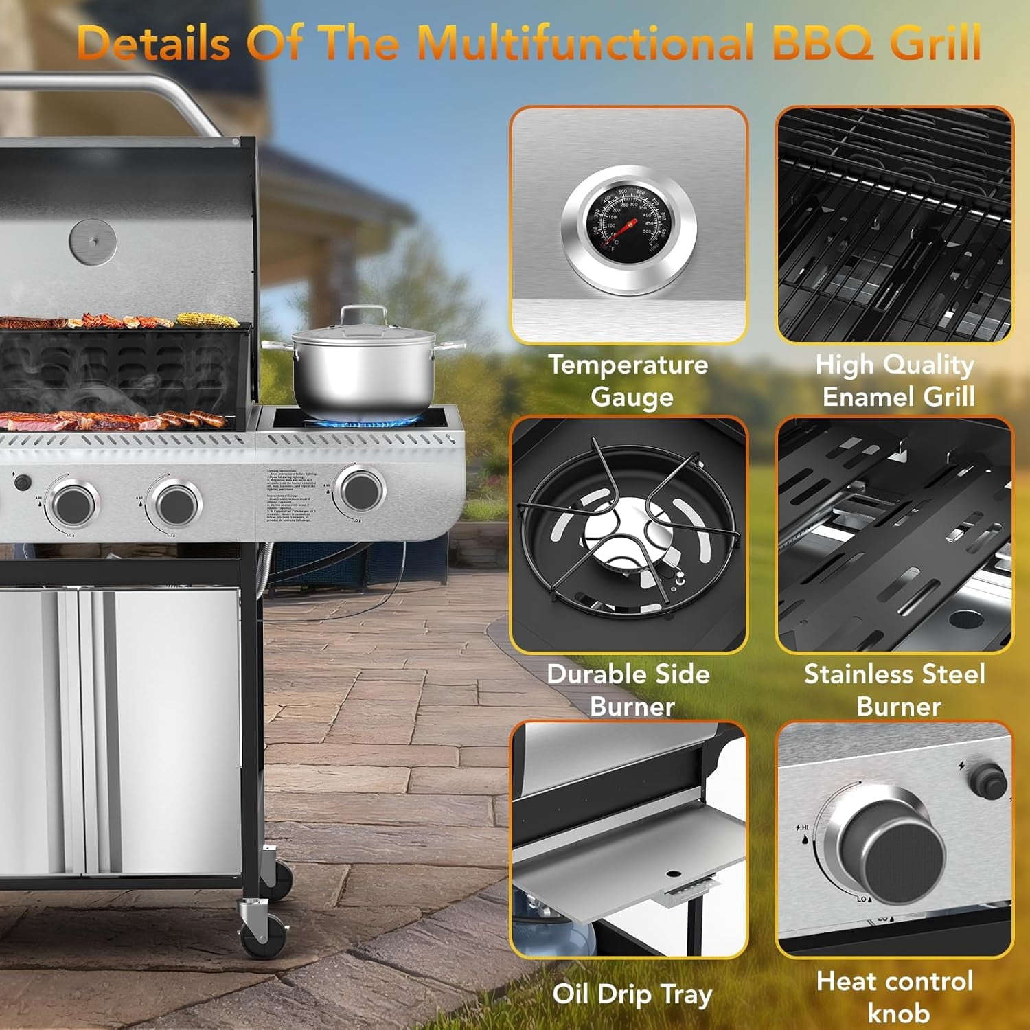 37000 BTU 3-Burner Propane Grill, Stainless Steel BBQ Grill with Side Burner & Porcelain-Enameled Cast Iron Grates for Outdoor Patio Camping WAA