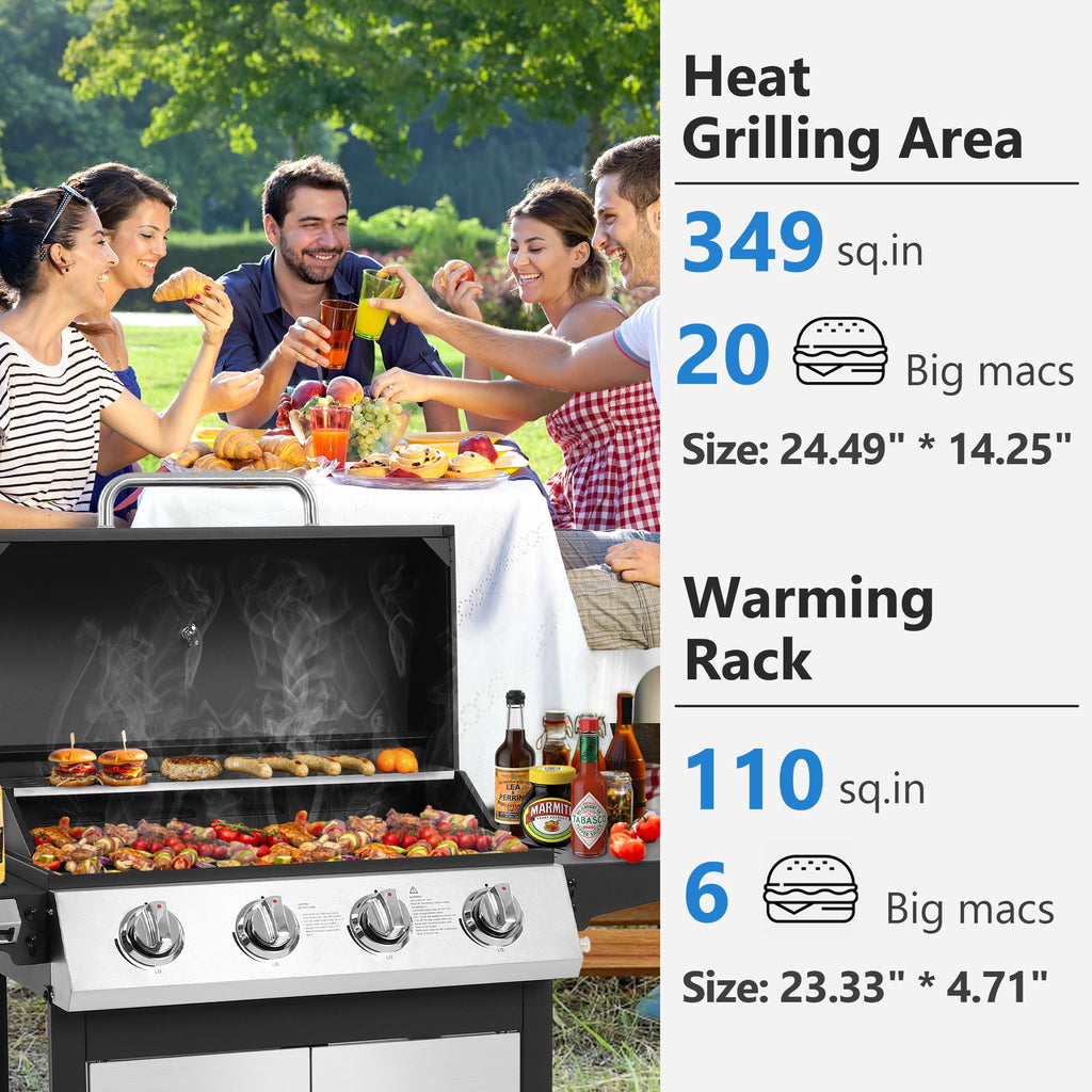 SEGMART 4 Burner BBQ Propane Gas Grill, Stainless Steel 40,000 BTU Patio Garden Barbecue Grill with Side Tables, Cleaning Brush & Thermometer, Perfect for Camping, Outdoor Cooking Gas Grills