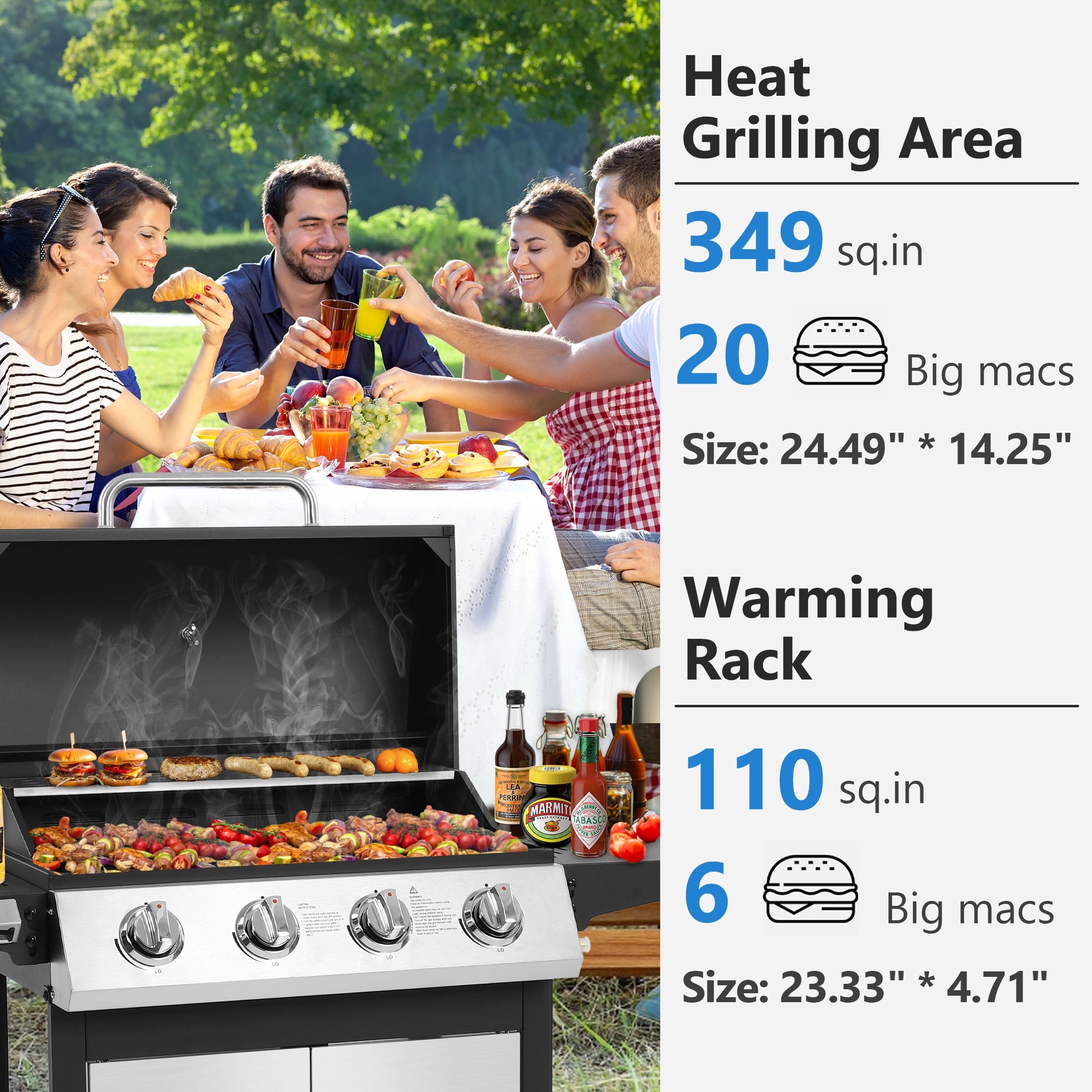 SEGMART 4 Burner BBQ Propane Gas Grill, Stainless Steel 40,000 BTU Patio Garden Barbecue Grill with Side Tables, Cleaning Brush & Thermometer, Perfect for Camping, Outdoor Cooking Gas Grills