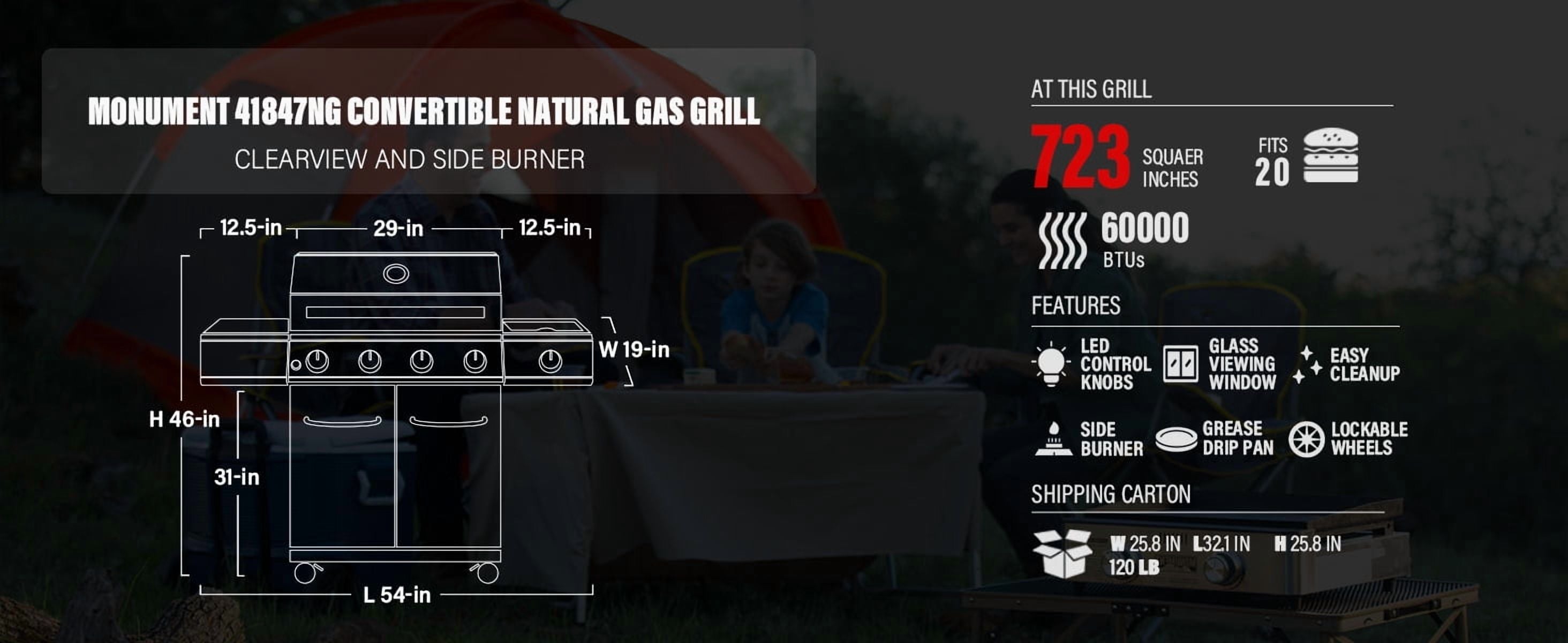 Monument Grills 4-Burner Natural Gas Grill in Stainless with Clear View Lid, LED Controls, Grill Cover, and Side Burner Monument Grills