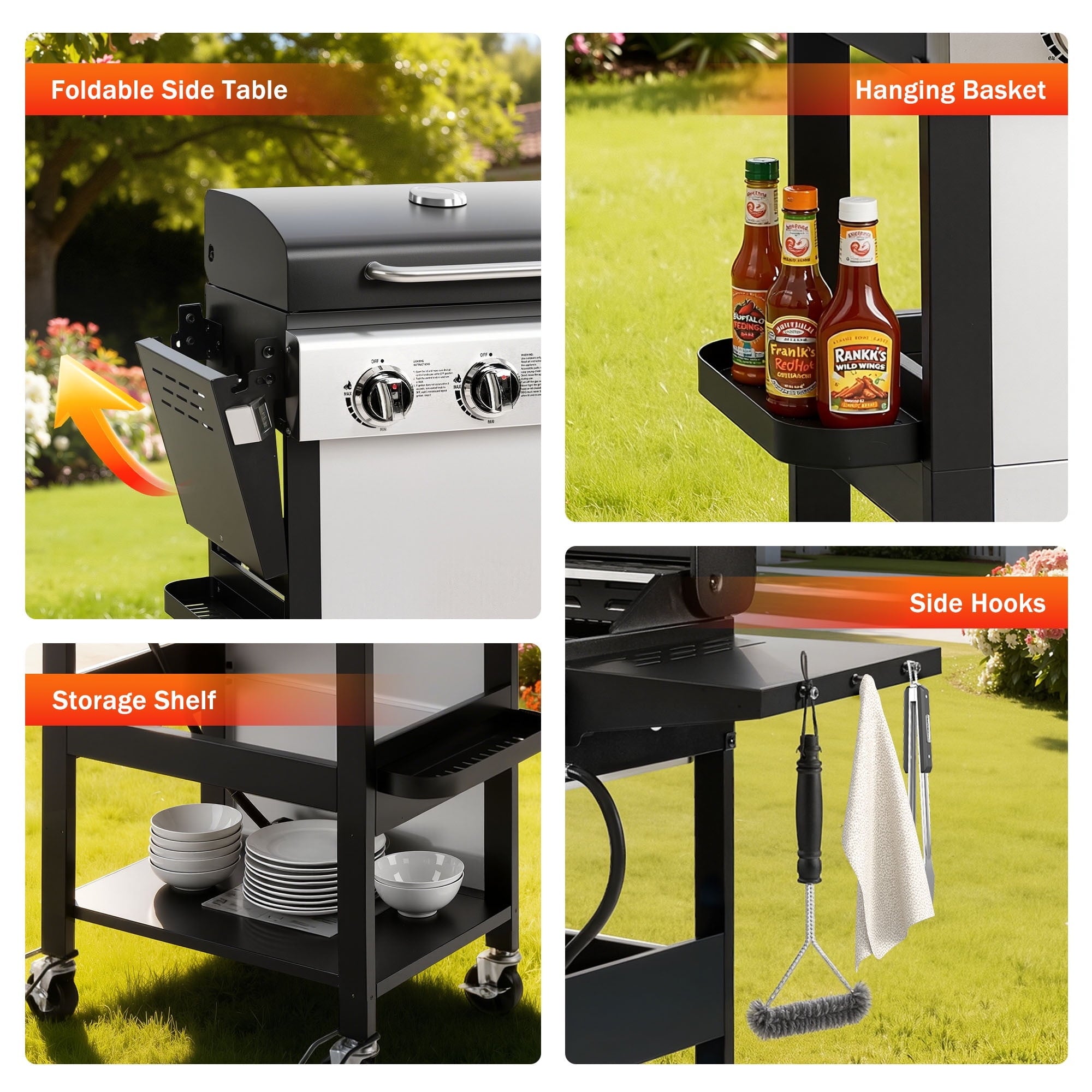 Outdoor BBQ Grill, Powerful 30,000BTU Gas Propane Grill, Stainless Steel Grill with Storage Shelves, Portable Grill for RV Party Camping Patio Gas Grills