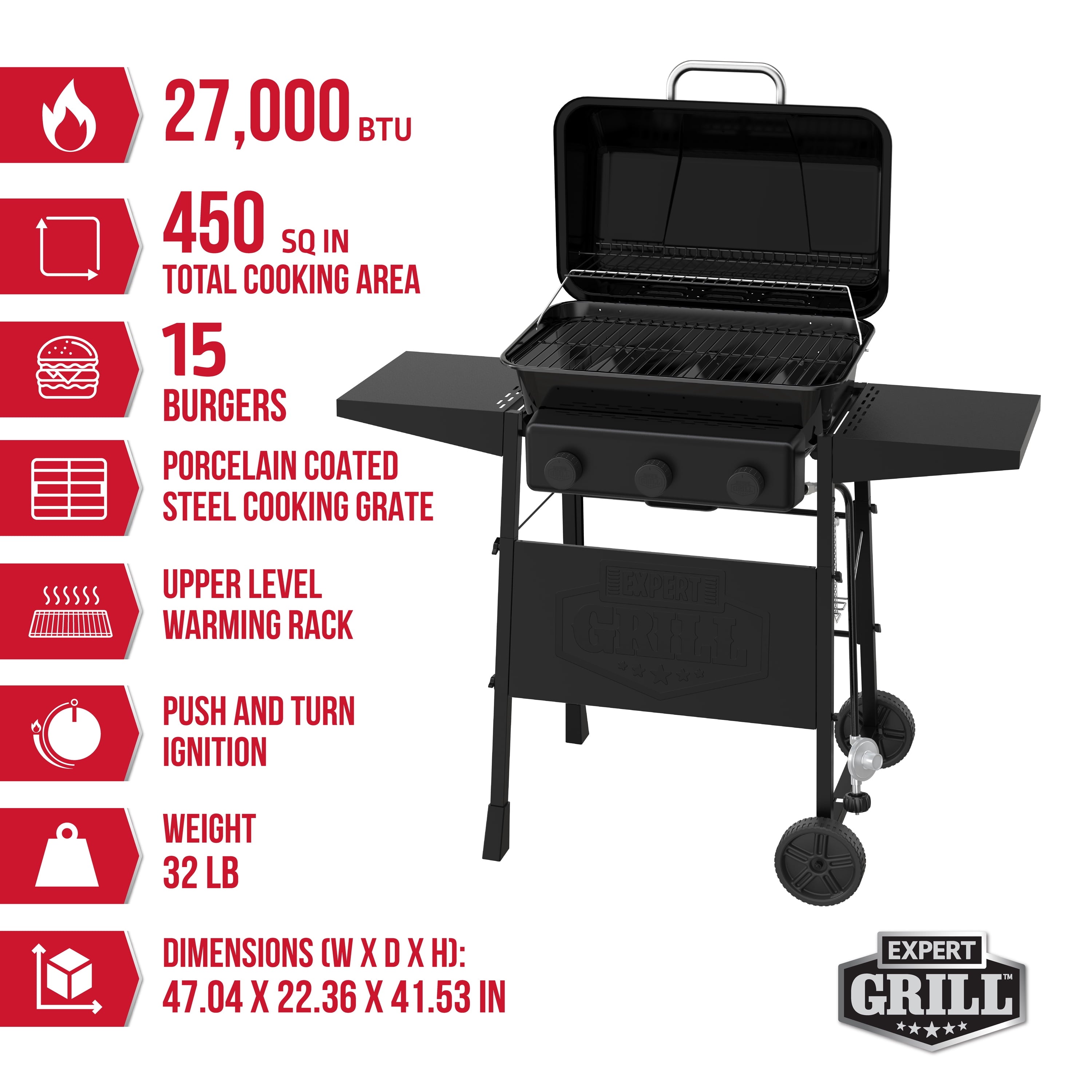 Expert Grill 3-Burner Propane Gas Grill with Wheels and Side Shelves, Black Expert Grill