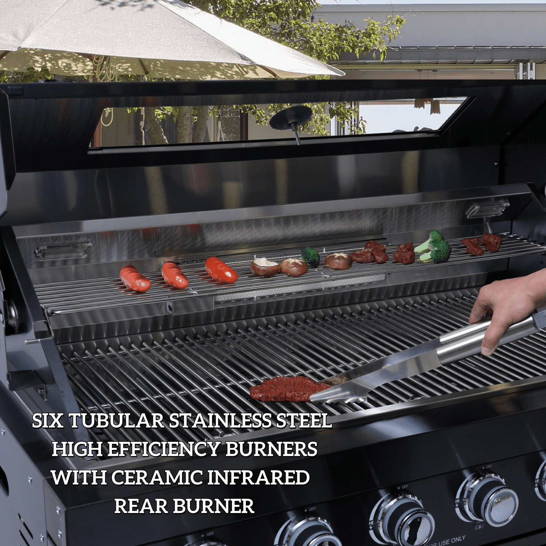 AirWire 104 Deluxe Outdoor Kitchen Island: 4-Burner 85,000 BTU 304 Stainless Steel Gas Grill with Sink, Wine Cooler Refrigerator, Granite Countertop & Rotisserie Kit HomeMindful