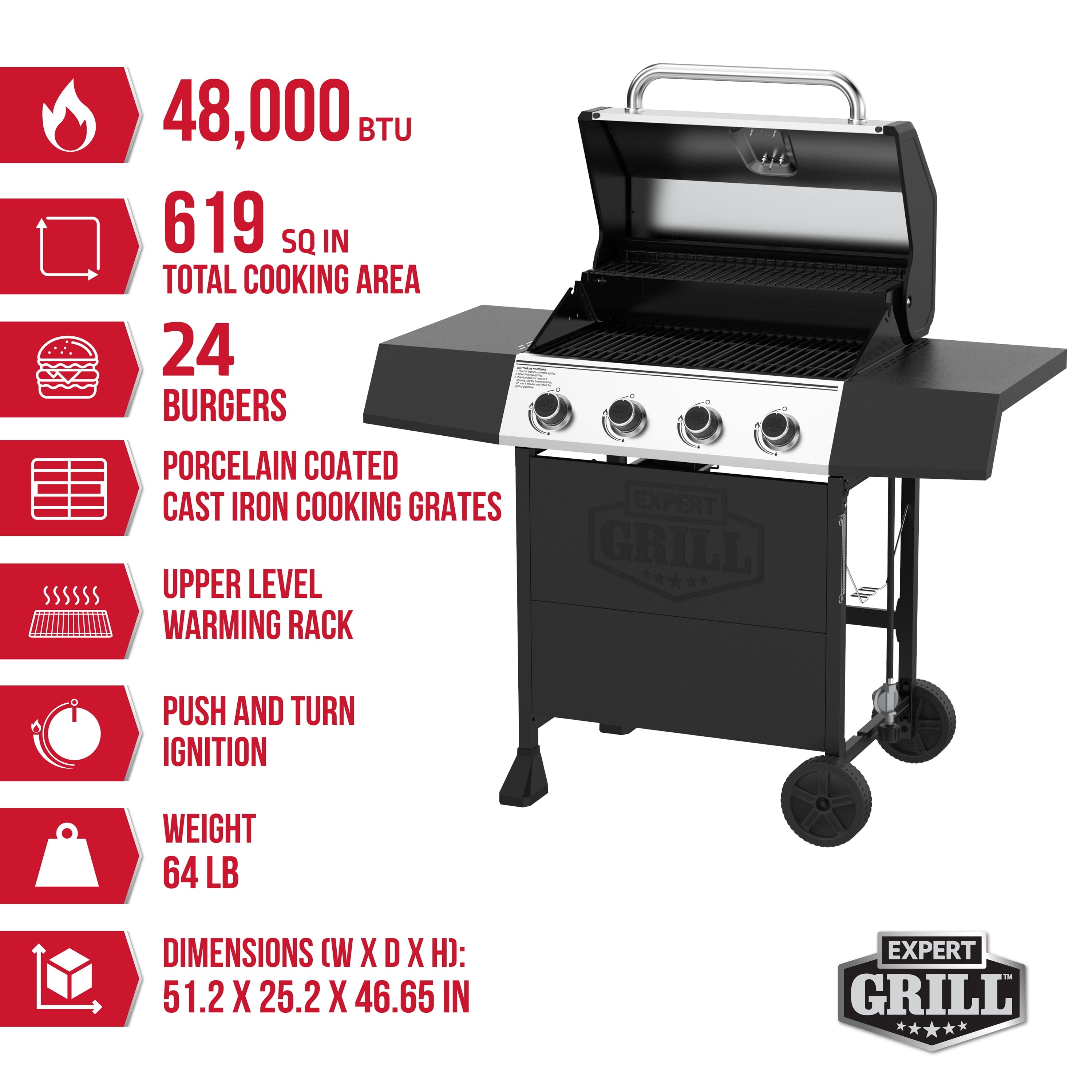 Expert Grill, 4-Burner Propane Gas Grill with Side Table and Wheels, Stainless Steel Gas Grills