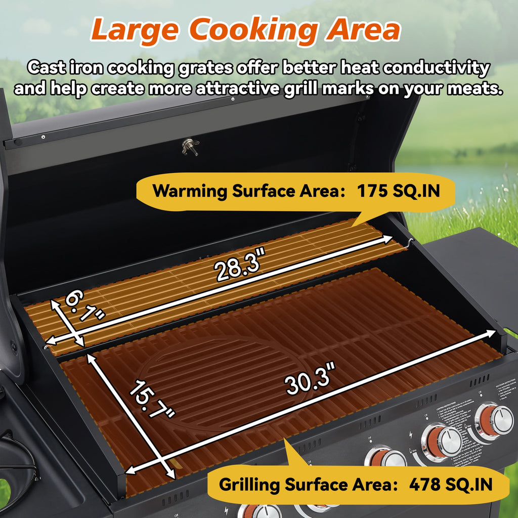 Noble House Professional 6-Burner Propane Gas Grill with Side Burner, Steel BBQ Grill with Cast Metal Grates, Black Noble House