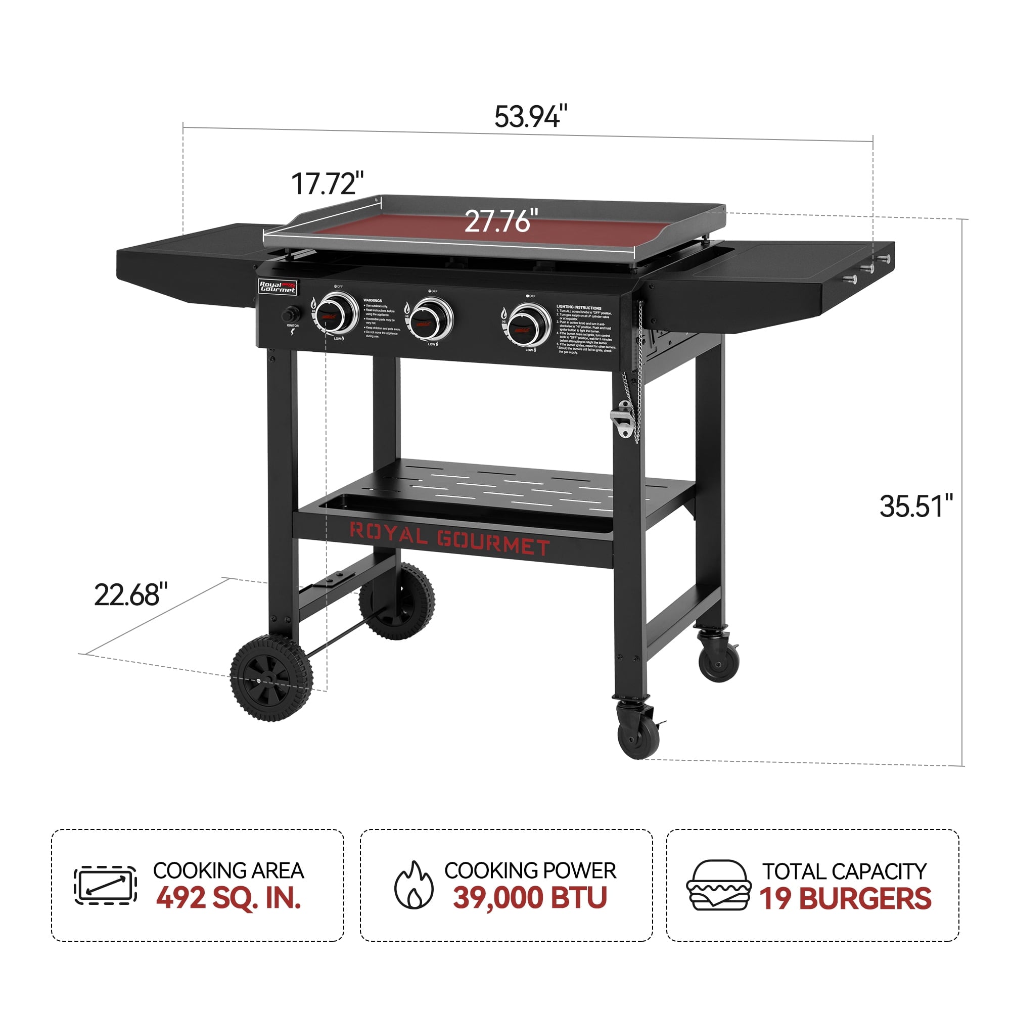 Royal Gourmet GB3000H 28-Inch 3-Burner Gas Griddle in Black, Griddle with Collapsible Side Shelves, 39,000 BTU Royal Gourmet