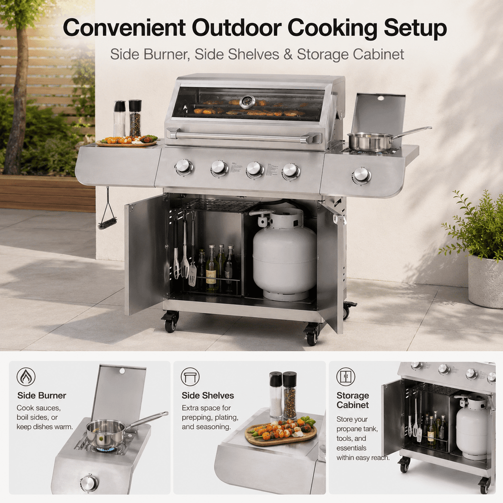 50000BTU Ultra Gas Grill, Syngar Propane Grills with 474 sq.in Cooking Area, 5-Burner Stainless Steel BBQ Grill with Side Burner and Thermometer for Outdoor Party, Camping Gas Grills